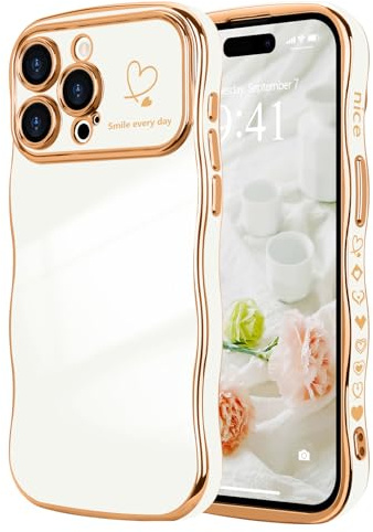 LCHULLE Kompatibel mit iPhone 15 Pro Hülle Liebesherz Mädchen Handyhülle Wellen Lockige Form mit erhoben Kameraschutz Luxus Galvanisierte Schutzhülle Girls Case für iPhone 15 Pro Weiß