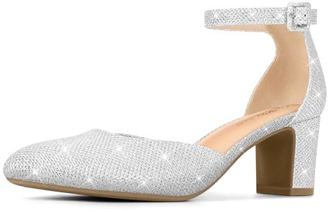 PIZZ ANNU Womens Court Shoes Block Heel Closed Toe Elegant Wedding Pumps for Bride Ankle Strap Ladies Mary Jane Sandals Silver Glitter Size 4