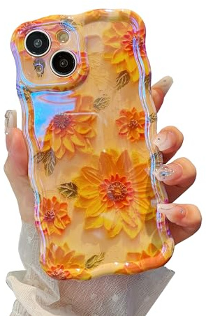 XIZYO Oil Painting Flower Case for iPhone 14, Sunflower/Yellow | Colorful Retro Style, Curly Wave Frame, Laser Glossy, Cute Aesthetic Floral Pattern, Slim Shockproof, Soft TPU, Girly Design