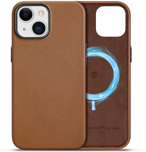 SHIELDON Hülle für iPhone 15 Handyhülle [Echtleder] [Kabellos Laden] [Stark Magnetkraft] [Anti-Fingerabdruck] Dünn Schutzhülle Kratzfest Slim Leicht Lederhülle Kompatibel mit iPhone 15 Retro Braun
