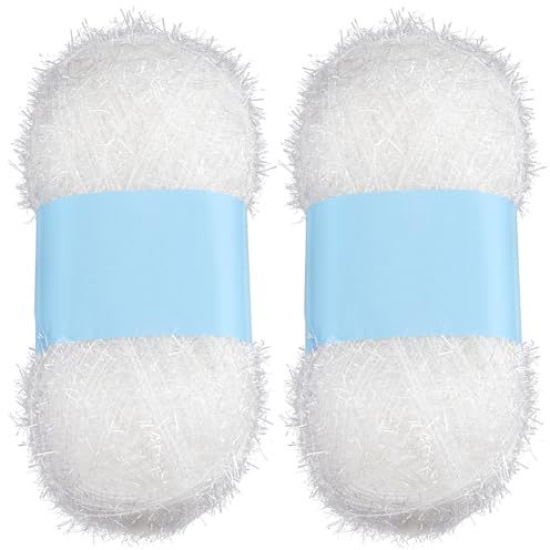 GORGECRAFT 200m 2 Rolls Sparkle Scrubby Yarn Bundle White Metallic Scrubby Polyester Scrub Eyelash Yarn for Dishcloths Knitting Weaving Crochet Doll Hat Cleaning Tool Craft Project