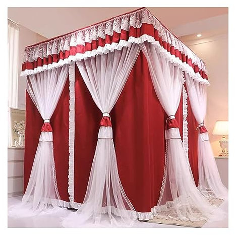 Rot-weißes Bett-Markisen-Moskitonetz für einzelne Queen-Size-Betten, Bettvorhänge mit Rüschenrand für die romantische Dekoration von Mädchen-Prinzessinnenzimmern (Größe: 150 x 200 x 210 cm)