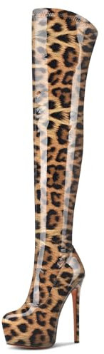 Aachcol Sopra il Ginocchio Spillo Stivali Piattaforma Stivali Alti Fino Alla Coscia Rotonda Punta Cerniera Sexy Dress Alto High Tacco Heel Stivali Leopardo Marrone 37 EU