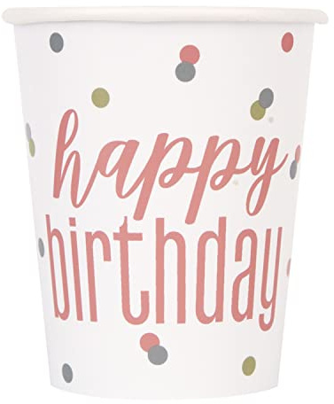 Unique 84896EU - Gobelets en Carton sans Plastique - 266ml - Fête d'Anniversaire à Thème Or Rose Glitz - 8 Pièces (Lot de 1)