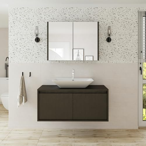 ROOMART • Badmöbel Set • Atlantic • 3-teilig • Keramik Waschbecken mit Unterschrank - 65 cm, 85 cm, 100 cm, Spiegelschrank 80 cm (Schwarz, 100)