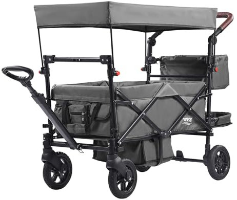 VEVOR Buggy für 2 Kinder, zusammenklappbarer Push-Pull-Kinderwagen mit verstellbarem Griff, umlaufendem Gurt, abnehmbarem Verdeck, 4 Rädern mit Bremsen, multifunktionaler Tandem-Kinderwagen