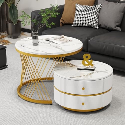 ModernLuxe 2-in-1 Coffee Table, High Gloss Round Nest of Tables, Multi-functional Side Table with Gold Metal Frame Legs and Marble Pattern White Top, 2 Storage Drawers, Nesting Tables for Living Room