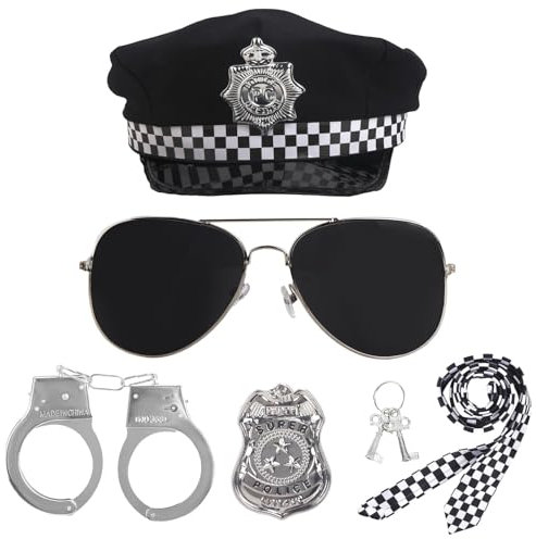 Polizei-Zubehör, Halloween-Kostüm für Erwachsene und Kinder, Outfit mit Abzeichen und Handschellen, Sonnenbrille für Damen und Herren, Kostüme für Party, Rollenspiel, Cosplay, 5-teilig