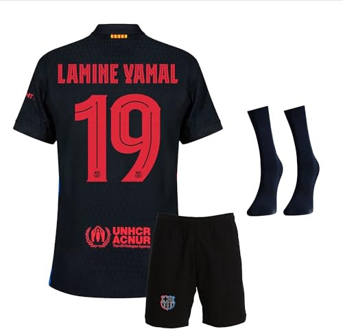 Gokaynex - Maillot de football pour enfant - Barcelona Lamine Yamal, #19 - Noir - Taille M - Avec short et chaussettes - Dos en T - Logo - Manche courte - Col rond - Polyester - 4-13 ans