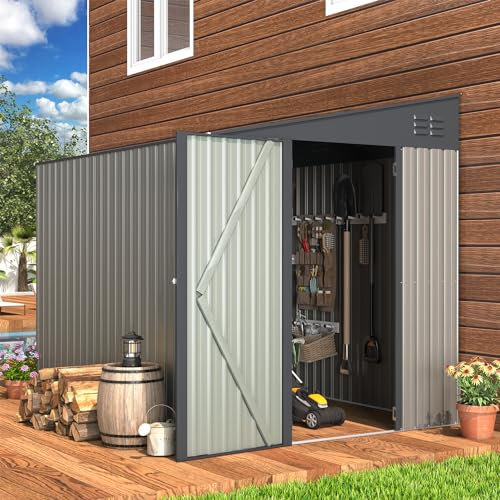 UNIONLINE 6x8ft Lean to Storage Metal Garden Shed | 182x245x203 cm | Waterproof | 4.4m² 7.6m³ | Lockable Door | Bike Tool Sheds for Backyard Patio | Garbage Can | Grey