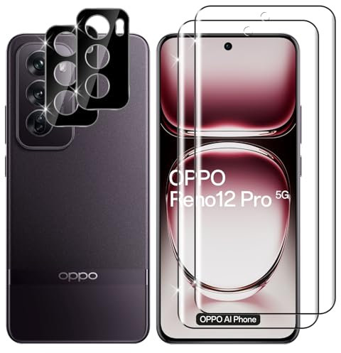 Lutree para OPPO Reno 12 Pro 5G Cristal Templado, 2+2 Piezas 3D Protector de Pantalla + Protector de Lente de Cámara (Negro), 9H HD Anti-Arañazos Vidrio Templado Sin Burbujas Película Protectora