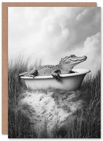 Artery8 Personalised Cute Alligator in Bathtub Black White Fun Cheeky For Him Or Her Art Birthday Card