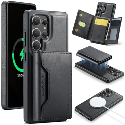 Wallet Case for Samsung Galaxy S25 Ultra, Strong Magnetic Back Cover Compatible with MagSafe, Retro Leather Shockproof Phone Case with Detachable Trifold RFID Card Holder Wallet Stand (Black)