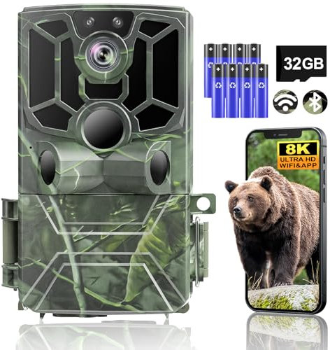 Swetfela Wildkamera, 5K Video Wildkamera mit Handyübertragung App, 60MP Full HD WLAN Bluetooth Wildtierkamera mit Nachtsicht Bewegungsmelder, IP66 wasserdichte, 32G Speicherkarte und 8*AA-Batterien