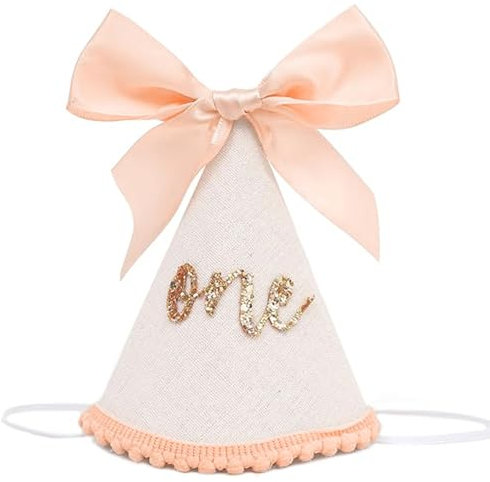 LunarCharm 1st Birthday Hat with Bow, Birthday Decoration, Glitter Number Cone Hat, Photo Prop, Princess Cap with Bow, Birthday Crown