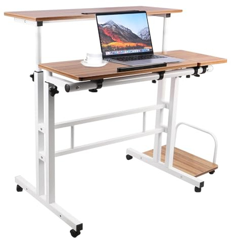 homewell Stehpult Schreibtisch mit 6 Rollen und Host-Tablett, Steh-Sitz Bürotisch, Tischplatte Neigbar, Tisch Computertisch Höhenverstellbar, PC Tisch Klein für Home Office, (80+22) x 60cm