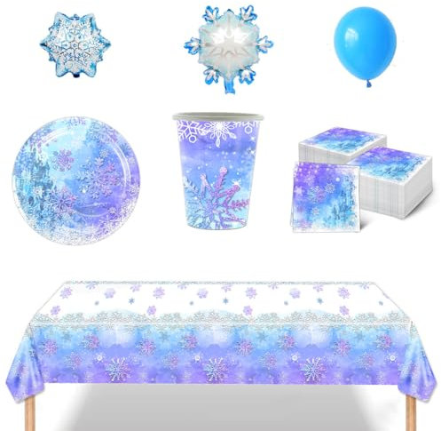 SANYUANHE Vaisselle de Fête Anniversaire Flocon de Neige,84 Pièces Snowflake Flocon de Neige Décorations d'Anniversaire,pour 20 personnes,Pour Ballons de Vaisselle de Fête