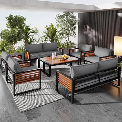 Jaxenor 8 Sitzer Lounge Möbel Outdoor mit 2 Zweisitzer-Sofa, Gartenlounge Outdoor mit 2 Tisch, Loungemöbel Terrasse mit 4 Sessel, Garten Loungemöbel Set für Balkon, Dekorative Armlehnen aus Holz, Grau
