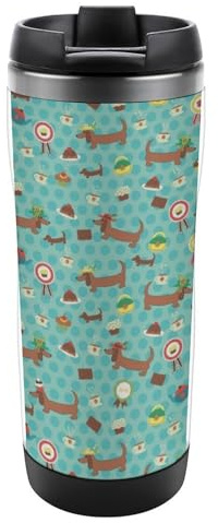 Qjjinxior 13oz/380ml Stainless Steel Insulated Travel Coffee Cup, Sausage Dog Travel Mug with Leakproof Lid, Non-Slip Bottom
