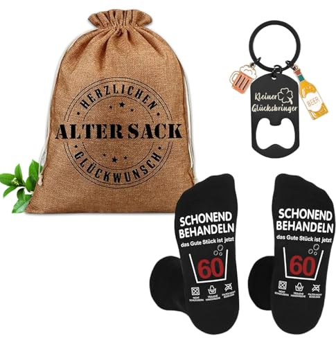 ePicsoa 60.Geburtstag Geschenke für Männer, 3 in 1 Alter Sack Geschenkbeutel mit 40x30cm Geschenkbeutel Alter Sack, Socken und Flaschenöffner-Schlüsselanhänger, Witzige Geschenke für Papa Ehemann Opa