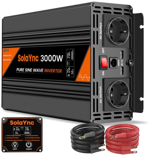SolaYnc 3000W Wechselrichter 12V auf 230V Reiner Sinus Spannungswandler | mit LCD-Bildschirm,Fernbedienung,EU Steckdosen,USB Port,Geeignet für Wohnmobil,Camper,Solaranlagen