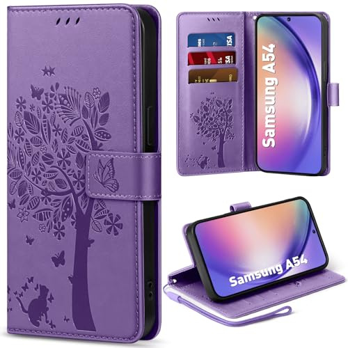 EASDNB Handyhülle für Samsung Galaxy A54 5G Hülle, Flip Lederhülle Wallet Case mit [3 Kartenfächer] [Magnet] [Ständer] Premium Leder Prägung Schutzhülle Klapphülle für Samsung Galaxy A54, Lila