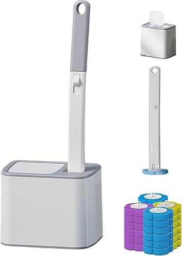 Einweg Toilettenbürste Set, WC Bürst mit 24 Stück Nachfüllungen Schwamm, Hygiene Klobürste mit Halter und Ersatzbürstenköpfen, für, Waschbecken, Badewanne (Grau)