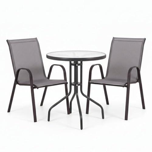 MONTY Conjunto Exterior, Mesa 60 cm y 2 Sillas Gris Antracita Classic | Mesa de Acero y Cristal Templado. Sillas de Textileno doble, Transpirables y Apilables. Pintura Anticorrosión. Classic