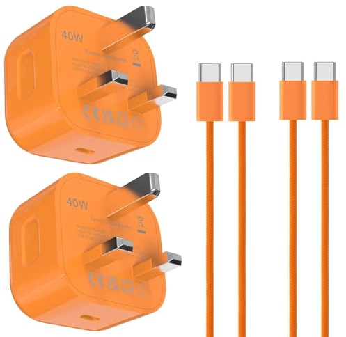 New 40W Dynamic Power Adapter with 60W Max,USB C Fast Charging Plug with 2M/6.6ft braided design C to C Charge Cable for iphone Air/17/17 pro/17 Pro Max/ipad Pro 13/ipad Air,(2-Pack) (Cosmic Orange)
