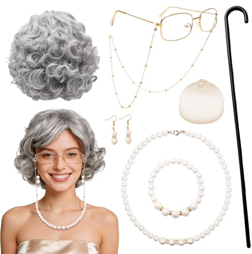 JJKOL 9 Teiliges Set Alte Dame Perücke Grau, Oma Perücke mit Brille, Perlenketten, Ohrschmuck, Brillenkette, Armband, Haarnetz, Gehstock, Oma Kostüm Damen Perücken für Karneval Halloween Cosplay