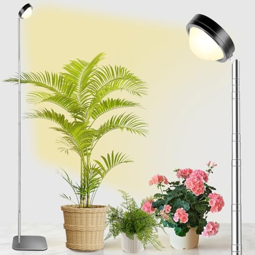 fayleer Pflanzenlampe LED Vollspektrum mit Optischer Linse und Timer | Warmes Weiß, Grow Lampe mit Standfuß, 30-145cm Verstellbar, Runder Kopf, 6/12/18H Timer, Netzteil