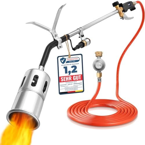 Hansewerk Unkrautbrenner mit Piezozündung inkl. Druckregler und 5m Schlauch | Abflammgerät Unkrautbeseitigung Gasbrenner Unkraut Brenner Unkrautvernichter Gas