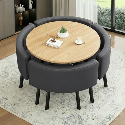 Generisch Essgruppe 5-Teilig, 90 cm Runder Esstisch und Stühle für 4 Personen, MDF-Platte, Gepolsterter Sitz mit PU-Lederbezug, Essgruppe für Küche Esszimmer und Wohnzimmer