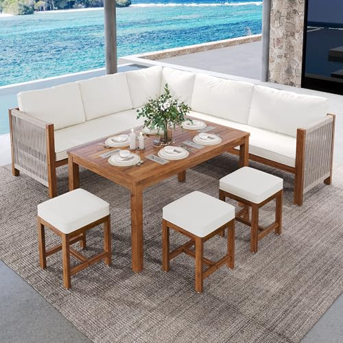 Dolamaní Gartenmöbel Set, Garten-Essgruppe für 7–8 Personen, Ecksofa, Polyrattan Lounge, Balkonset, Outdoor-Tisch- und Stuhl-Set, 3 Hocker und 1 Tisch, Terrassenmöbel mit Kissen, Akazie (Beige)