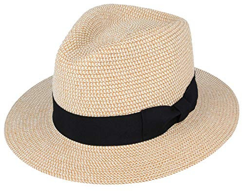 UNISEX PAPER STRAW CRUSHABLE FOLDABLE SUMMER PANAMA FEDORA HAT WITH BAND AND ADJUSTABLE SWEATBAND IN 8 COLOURS (XLARGE, NATURAL)