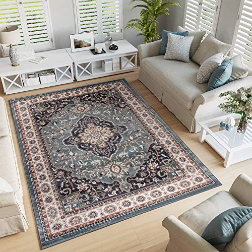 TAPISO Colorado Teppich Kurzflor Blau Creme Schwarz Medallion 120 x 170 cm | strapzierfähiger Teppich Wohnzimmer Klassisch Orientalisch Ornament Muster Orientteppich OEKO-TEX
