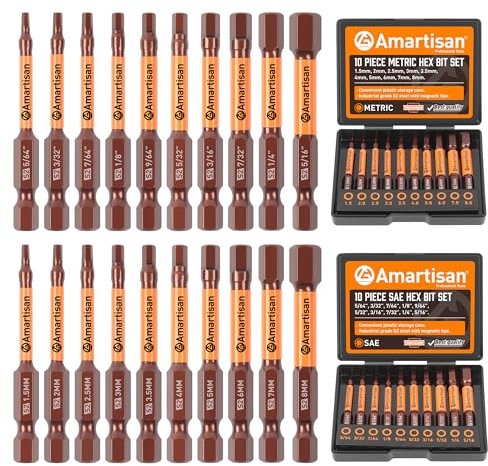 Amartisan 20-Piece Hex Head Allen Wrench Drill Bit Set, Metric and SAE S2 Steel Hex Bits Set, Magnetic Tips, 2.3 Long with Storage Box