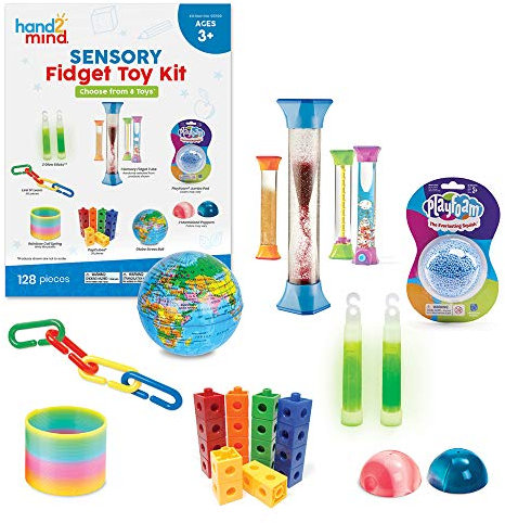 Learning Resources Kit de jouets sensoriels à manipuler pour enfants, objets et jouets pour réduire l’anxiété, bouteille sensorielle, mini bâtons luminescents, mousse Playfoam, chaîne à manipuler