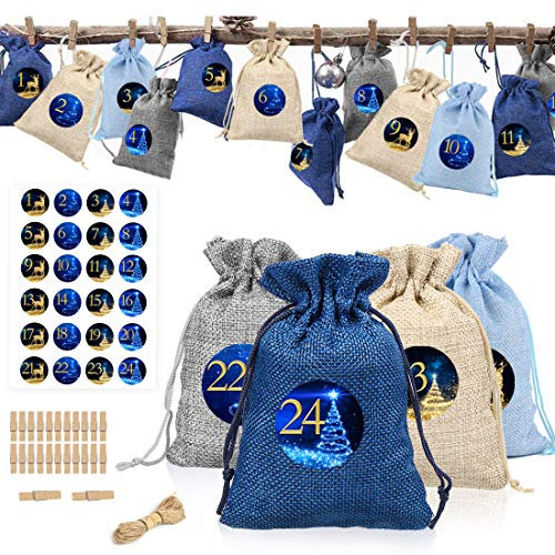 Adventskalender zum Befüllen 2021, 24 Adventskalender Stoff Jutesäckchen, Weihnachtskalender Taschen Geschenksäckchen mit 24 Adventszahlen Aufkleber, Adventskalender Basteln für Männer Kinder