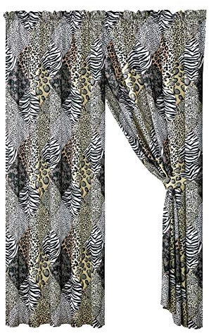 WPM WORLD PRODUCTS MART 4er Set Dschungeltiere, Schwarz Weiß Grau Leopard Zebra Giraffe Dschungel Wald Fenstervorhänge mit Raffhaltern Safari (Schwarz)
