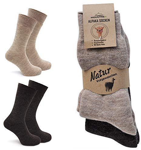 MOUNTREX Alpaka Socken, Wollsocken für Damen, Herren - Wintersocken, Warme Haussocken, Thermosocken - Kuschelsocken - 2 Paar, Beige/Braun (Dick Thermo), 39-42