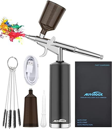 Autolock Airbrush Set 32PSI Compressor Portable Cordless Airbrush Kit and Rechargeable Manual Airbrush Set for Makeup, Cake Decoration, Coloring Pattern, Nail Art, Tattoo (Purple)