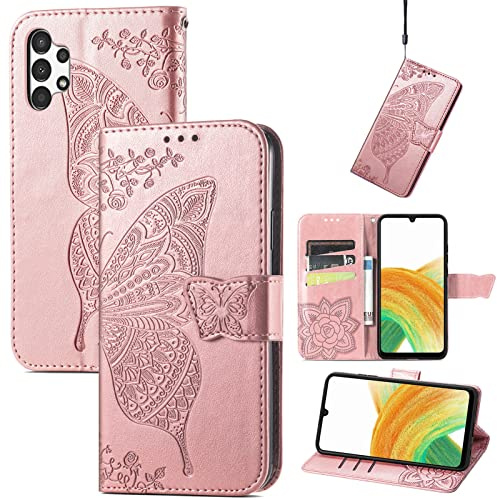JIUNINE Custodia Protettiva per Samsung Galaxy A13 4G, Cover Libro PU Pelle Antiurto Portafoglio con Design Farfalle 3D, Slot per Carte, Supporto Stand Regolabile, Chiusura Magnetica, Oro rosa