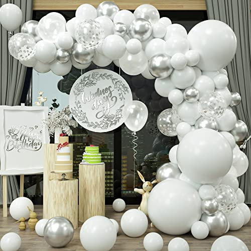 Weiß Silber Luftballons Girlande,GRESATEK Weiß Silber Ballon Girlande Helium Ballonbogen Kit für Geburtstagsdeko Engagement Babydusche Jubiläum Hochzeit Dekorationen