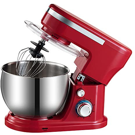 Stand Mixer Kitchen Aid, 5L Tilt-Head 1200W Food Mixer, with Dough Hook, Mixing Beater Whisk, Splash Guard, Kitchen Cooking Machine - Red for Baking