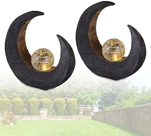 bmf-versand Solarlampe für Außen Stehend Mond 2er Set – Solarleuchte Garten Höhe 30 cm – Außenleuchte Gartenlampe LED – Leuchte Solar Aussenlampe IP 44 Skulptur Glas Crackle Halbmond