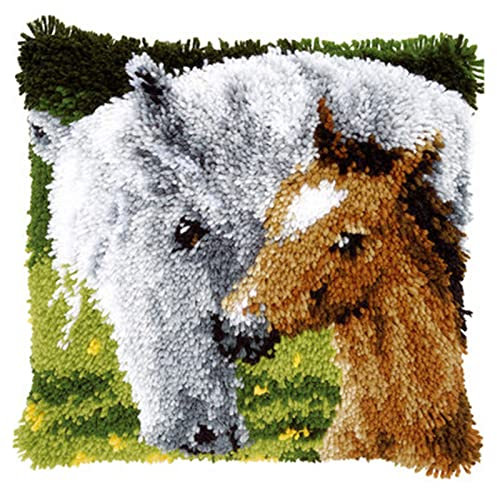 VIONNPPT DIY 3D Knüpfkissen Knüpfset Knüpfpackung zum Selber, Knüpfen Kissen für Kinder, Erwachsene,Anfänger,Kreatives Geschenk, Latch Hook Kit 43 cm × 43 cm (Pferd Pony)