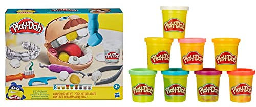 Play-Doh Drill 'n Fill Dentist Toy for Children 3 Years and Up with 8 Modelling Compound Pots, Non-Toxic, Assorted Colours & 8-Pack Rainbow Non-Toxic Modeling Compound with 8 Colours, E5044EU4