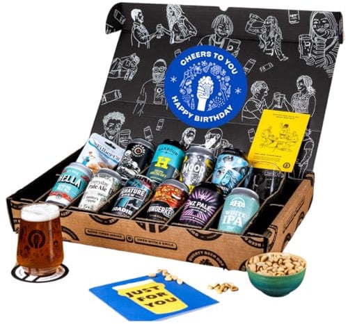 Premium IPA/Pale Ale Happy Birthday Beer Gift Hamper - 10 Independent Craft Beers, Snack & Tasting Guide by QWERTY Beer Box - Beer Gift Set