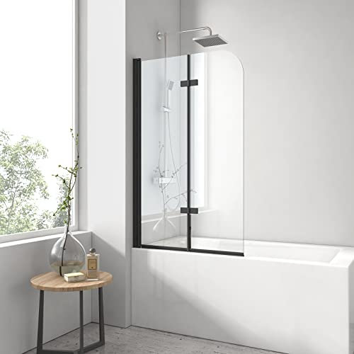 EMKE Pare-baignoire rabattable 110 x 140 cm, 2 volets pivotants, 6mm verre de sécurité, 180° balançoire, Cadre Noir de style industriel, nano-revêtement